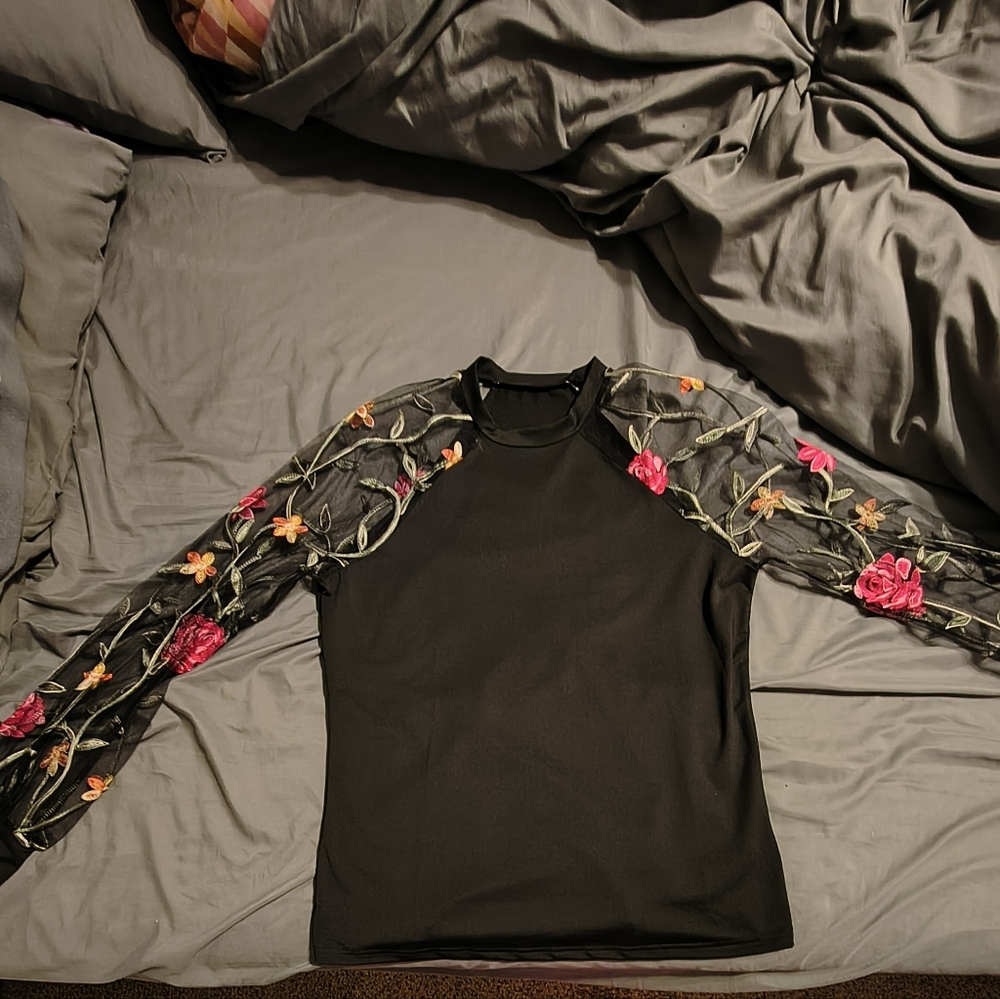 Black Long Sleeve Top with Floral See through Sleeves